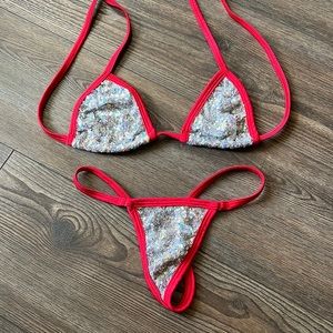 Red silver sequin bikini set stripper new outfit clubwear club dancewear